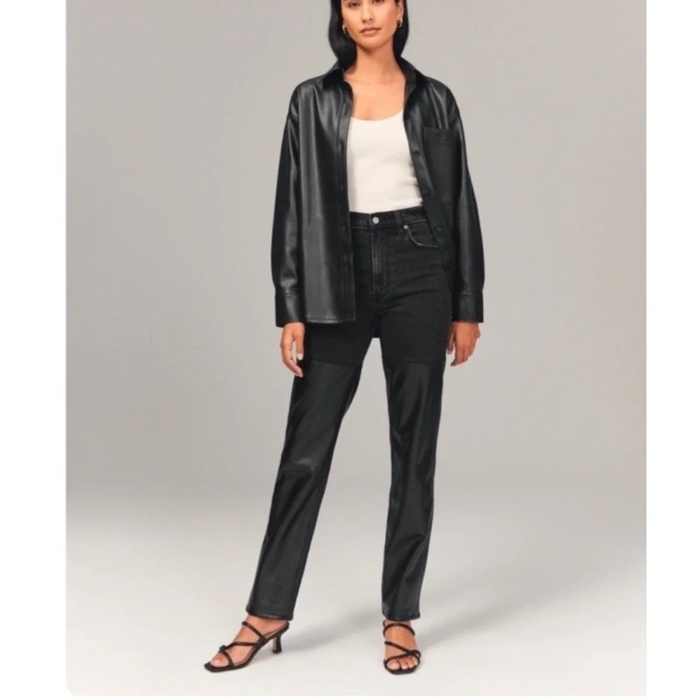 Abercrombie Fitch 90s Straight Ultra High Rise Black Denim Leather Panel Pants - Picture 1 of 6